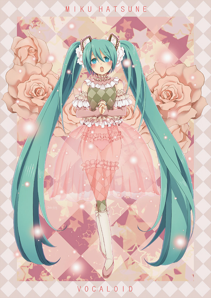 aqua_eyes, aqua_hair, flower, frills, hatsune_miku, hira_taira, long_hair, open_mouth