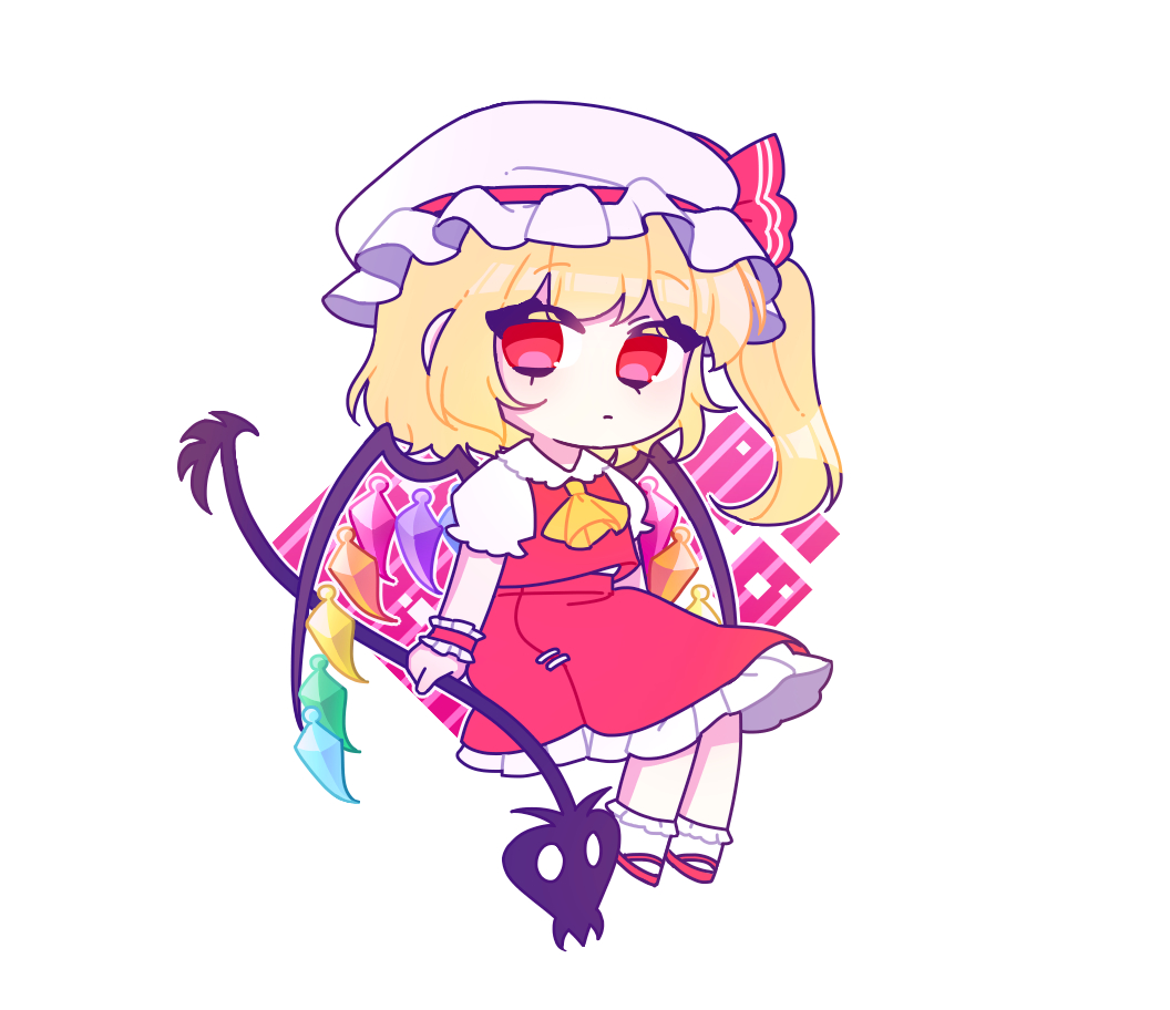 1girl, ascot, blonde_hair, commentary_request, crystal, flandre_scarlet, hat, hat_ribbon