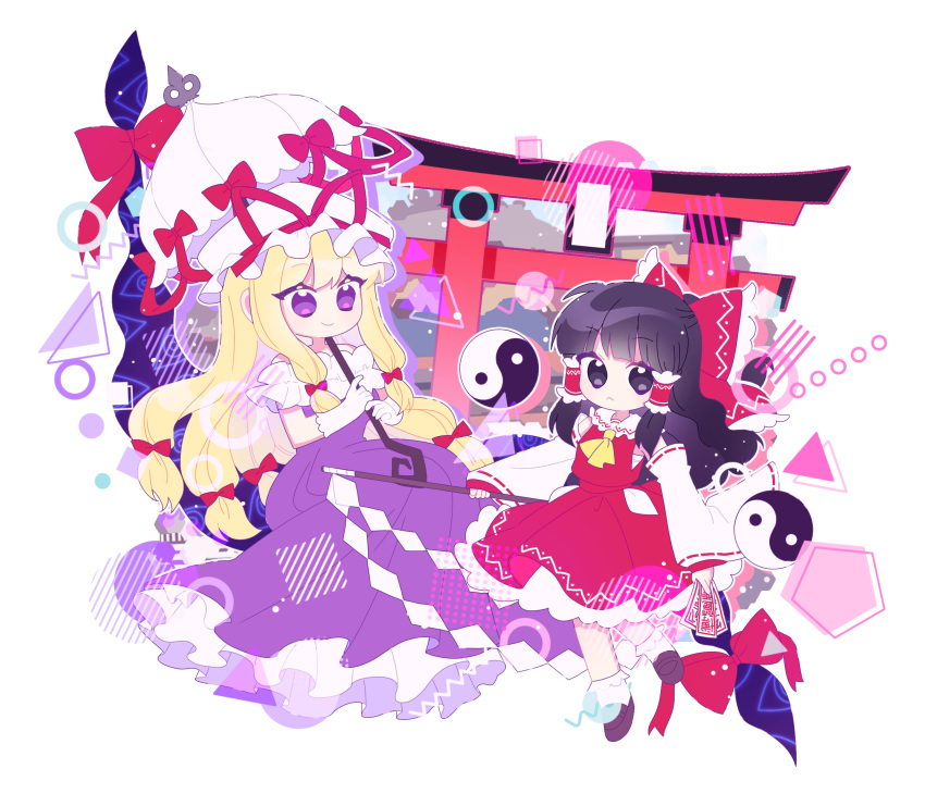2girls, ascot, black_eyes, black_hair, blonde_hair, bow, circle, closed_mouth