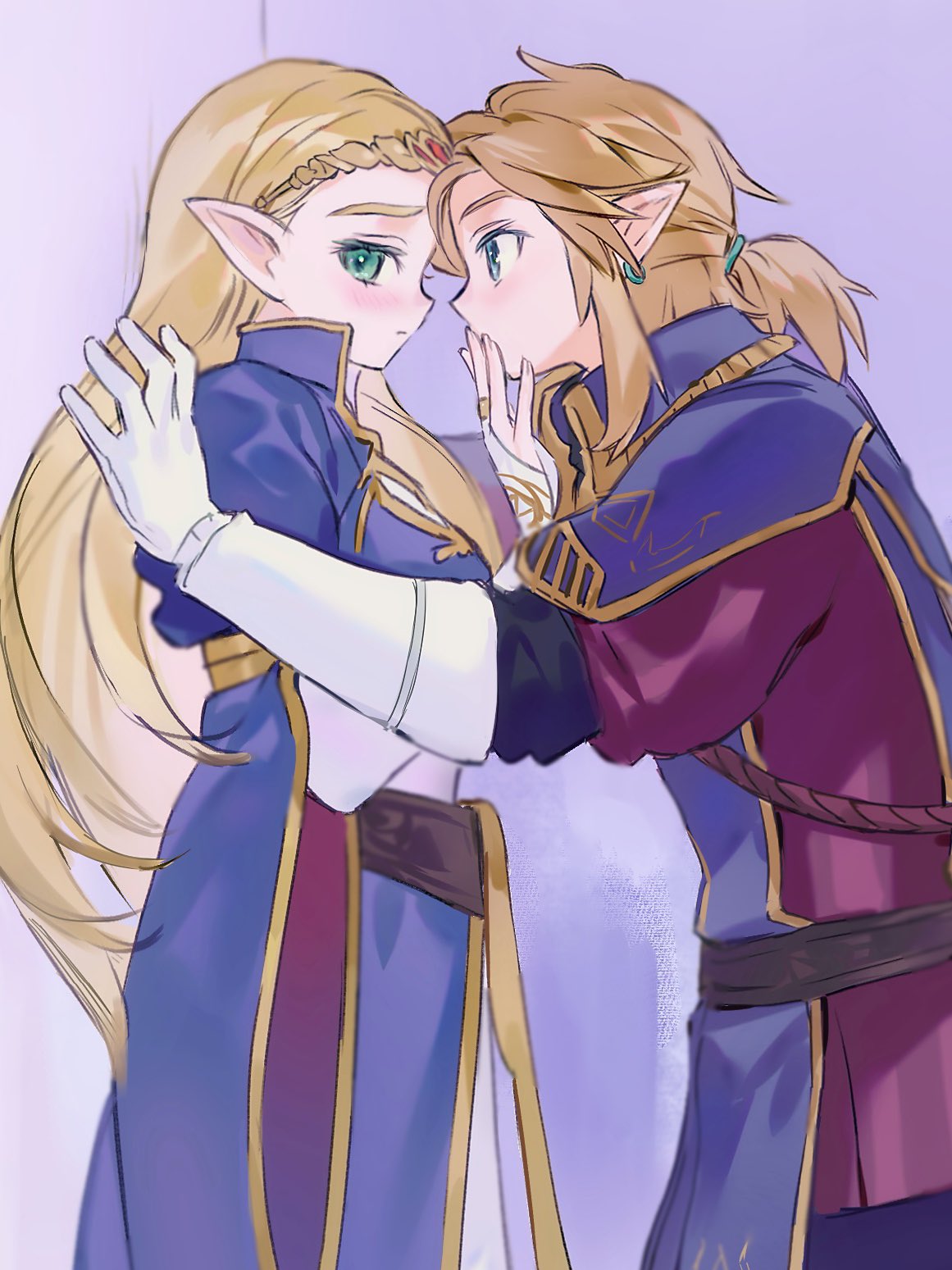 1boy, 1girl, averting_eyes, blonde_hair, blue_dress, blue_eyes, blush, cowboy_shot