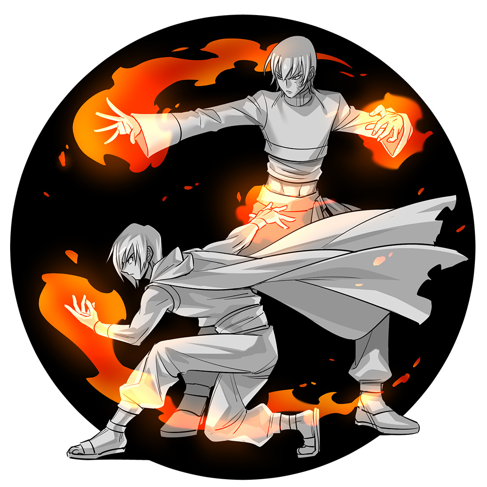 2boys, border, character_request, closed_mouth, fighting_stance, greyscale, long_sleeves, male_focus