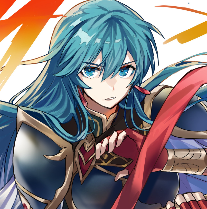 1girl, absurdres, aqua_eyes, aqua_hair, armor, axe, commentary_request, earrings, eirika_(fire_emblem), eirika_(resolute_princess)_(fire_emblem), fingerless_gloves, fire_emblem, fire_emblem:_the_sacred_stones, fire_emblem_heroes, gloves, hair_between_eyes, highres, jewelry, kazuha_(kazuha1003), looking_at_viewer, official_alternate_costume, parted_lips, pauldrons, red_gloves, shoulder_armor, solo, upper_body