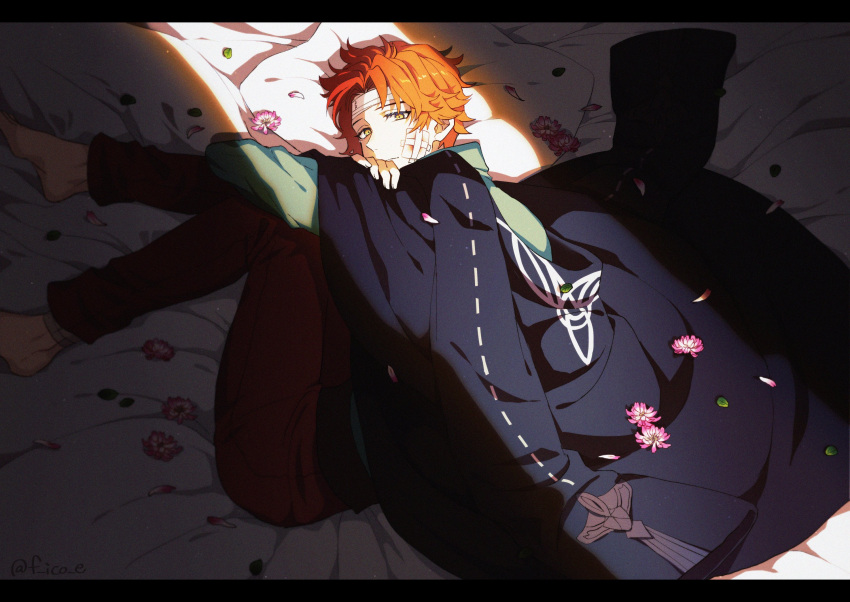 1boy, bandage_on_face, bandaged_head, bandages, barefoot, black_cloak, blood, blood_on_bandages