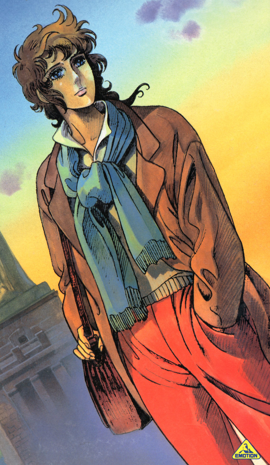 ace_wo_nerae, brown_hair, jacket, oka_hiromi, old_school, scarf, smile, sunrise