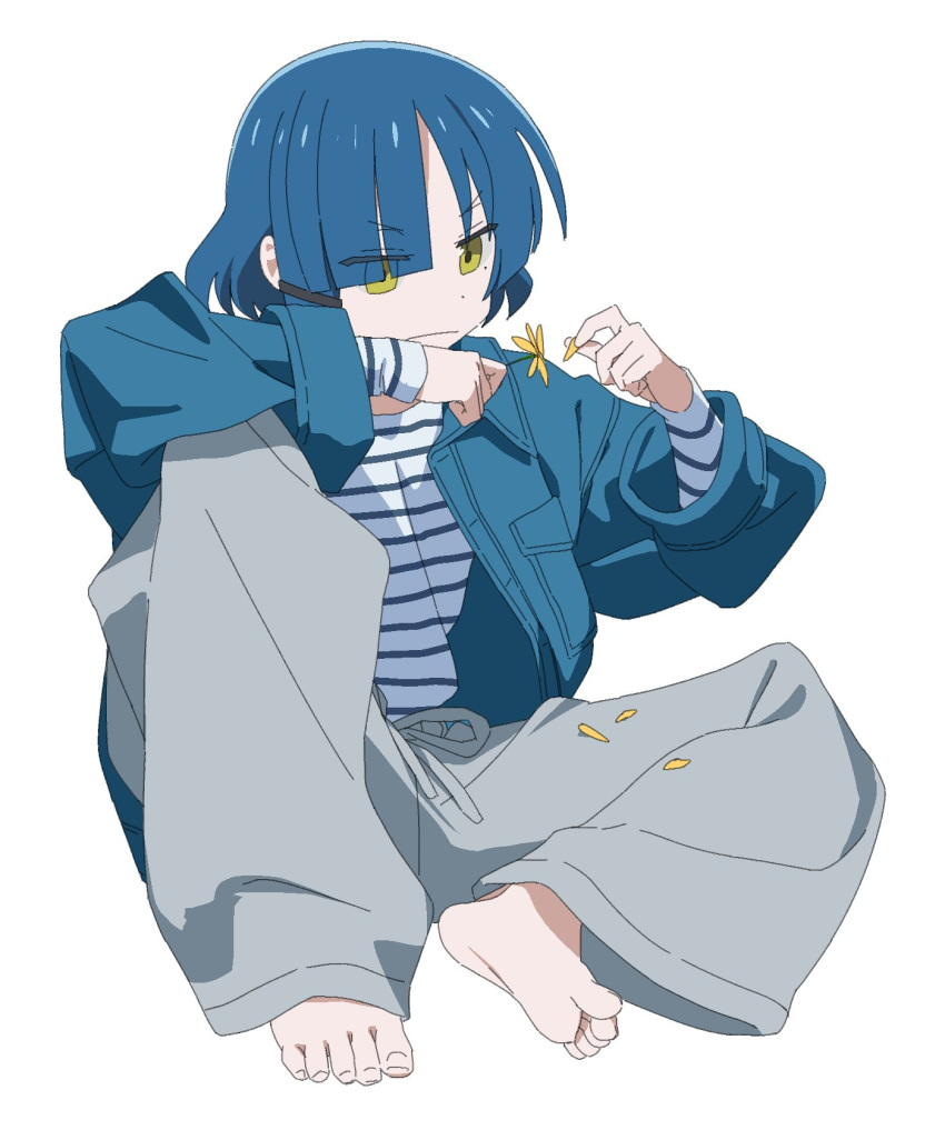 1girl, barefoot, blue_hair, bocchi_the_rock!, dot_nose, feet, green_eyes, highres, jacket, knee_up, long_sleeves, loose_clothes, loose_pants, mole, mole_under_eye, official_alternate_costume, on_floor, open_clothes, open_jacket, plucking_petals, shirt, short_hair, sitting, soles, solo, striped_clothes, striped_shirt, toes, v-shaped_eyebrows, white_background, yamad_urian, yamada_ryo