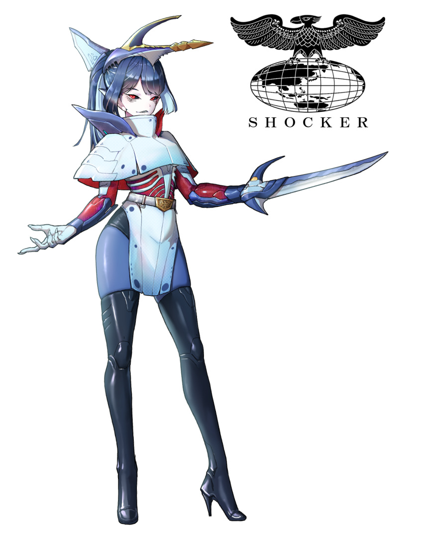 1girl, belt, belt_buckle, black_footwear, black_sclera, blade_arm, blue_hair, boots