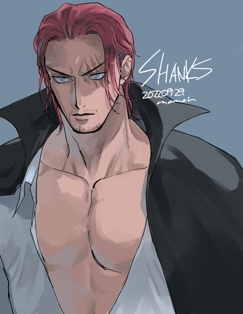 1boy, absurdres, black_coat, blue_eyes, character_name, coat, coat_on_shoulders, collared_shirt