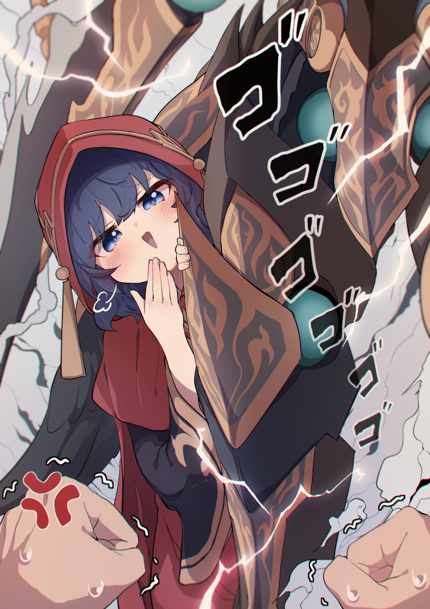 1boy, 1girl, absurdres, anger_vein, blue_eyes, blue_hair, blush, c_civciv