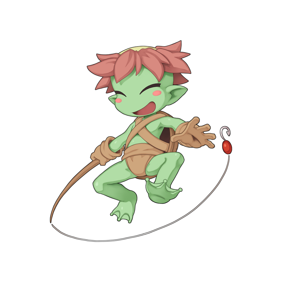 1boy, balding, blush_stickers, brown_gloves, brown_hair, chibi, chibi_only, closed_eyes, colored_skin, fishing_hook, fishing_rod, full_body, gloves, green_skin, holding, holding_fishing_rod, kapha_(ragnarok_online), kappa, male_focus, monster_boy, official_art, open_mouth, pointy_ears, ragnarok_online, short_hair, simple_background, smile, solo, transparent_background, webbed_feet, yuichirou