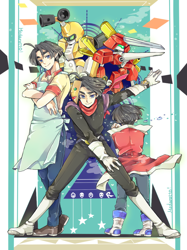 3boys, agata_hikaru, age_progression, aged_down, archbeetle, black_bodysuit, black_hair, blue_eyes, bodysuit, boots, child, crossed_arms, gloves, jacket, mai_(ma1920), mask, medarot, medawatch, metabee, multiple_boys, multiple_persona, parted_bangs, red_jacket, short_hair