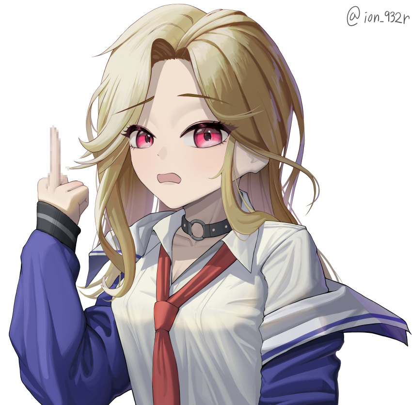 1girl, absurdres, blonde_hair, blue_jacket, censored, choker, collared_shirt, ein_(nikke)
