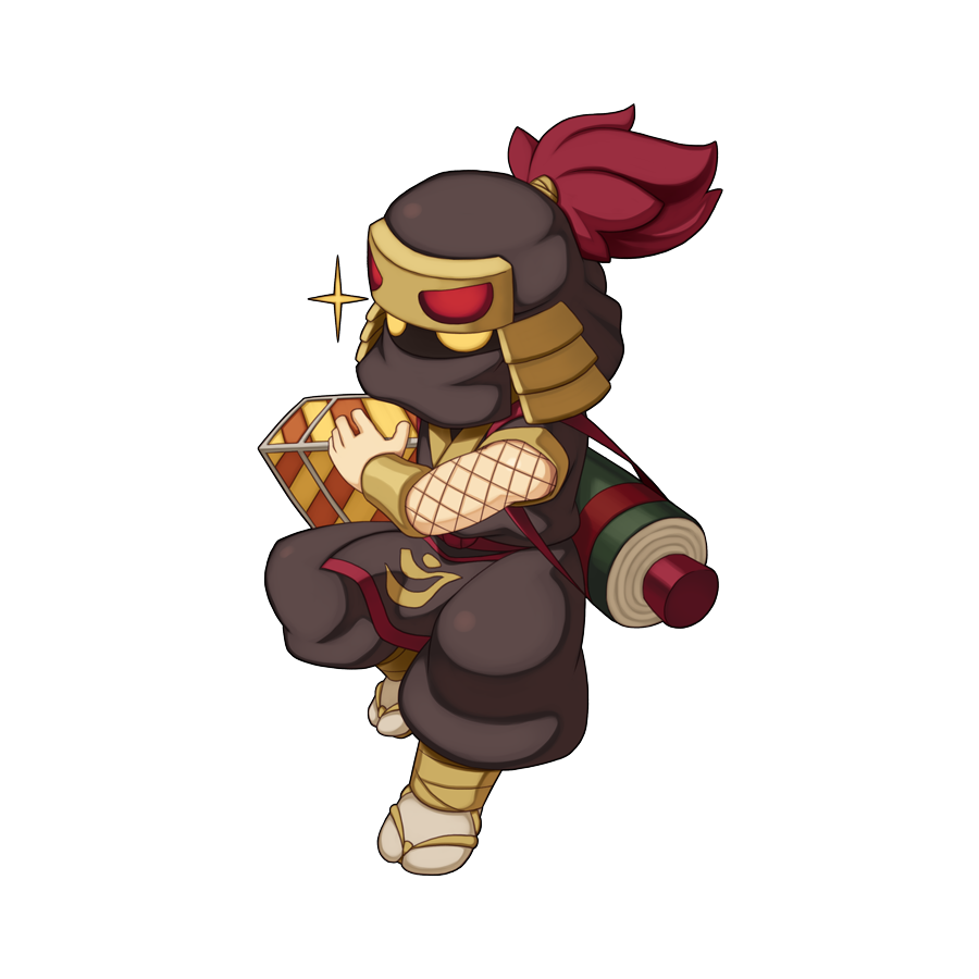 1boy, black_pants, black_shirt, chibi, chibi_only, dougi, fishnets, full_body, grey_socks, looking_at_viewer, male_focus, mask, mouth_mask, ninja, ninja_mask, official_art, pants, plume, ragnarok_online, scroll, shaded_face, shinobi_(ragnarok_online), shirt, short_sleeves, simple_background, socks, solo, sparkle, standing, standing_on_one_leg, tabi, traditional_ninja, transparent_background, yuichirou