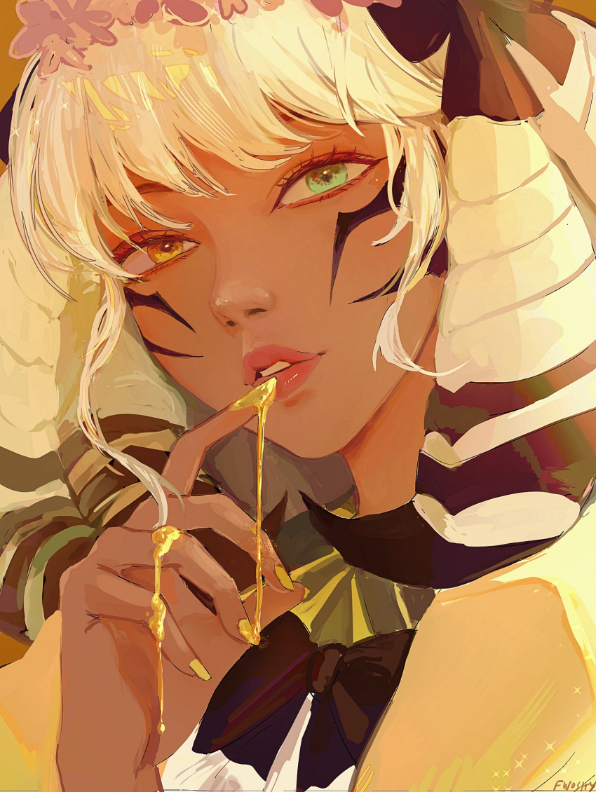 1girl, artist_name, black_bow, black_bowtie, black_hair, blonde_hair, bow, bowtie