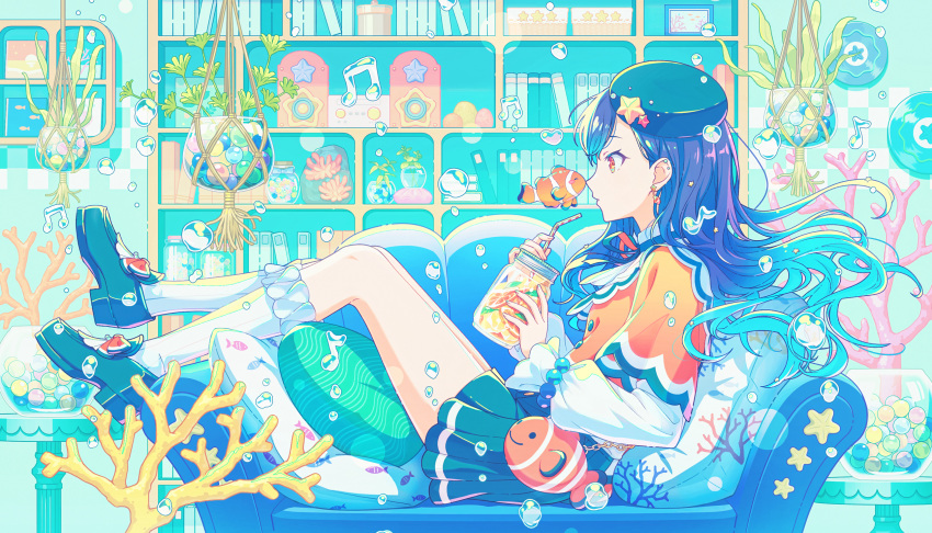 1girl, air_bubble, animal_bag, animal_earrings, aqua_hair, aqua_theme, bag, beret