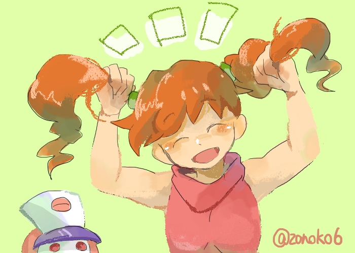 1girl, humanoid_robot, ichiichi_(nanno_koreshiki), junmai_karin, medarot, medium_hair, orange_hair, pink_shirt, robot, saint_nurse, shirt, sleeveless, sleeveless_shirt, sleeveless_turtleneck, smile, turtleneck, twintails