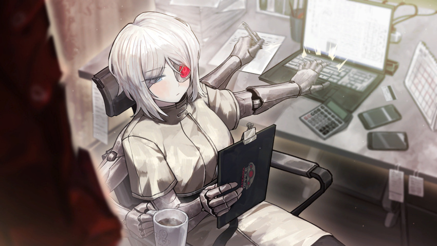 1girl, 1other, artificial_eye, calculator, calendar_(object), cellphone, chair, clipboard