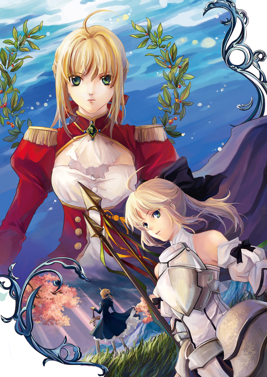 blonde_hair, epaulettes, excalibur, fate/extra, fate/stay_night, fate/unlimited_codes, fate_(series), green_eyes