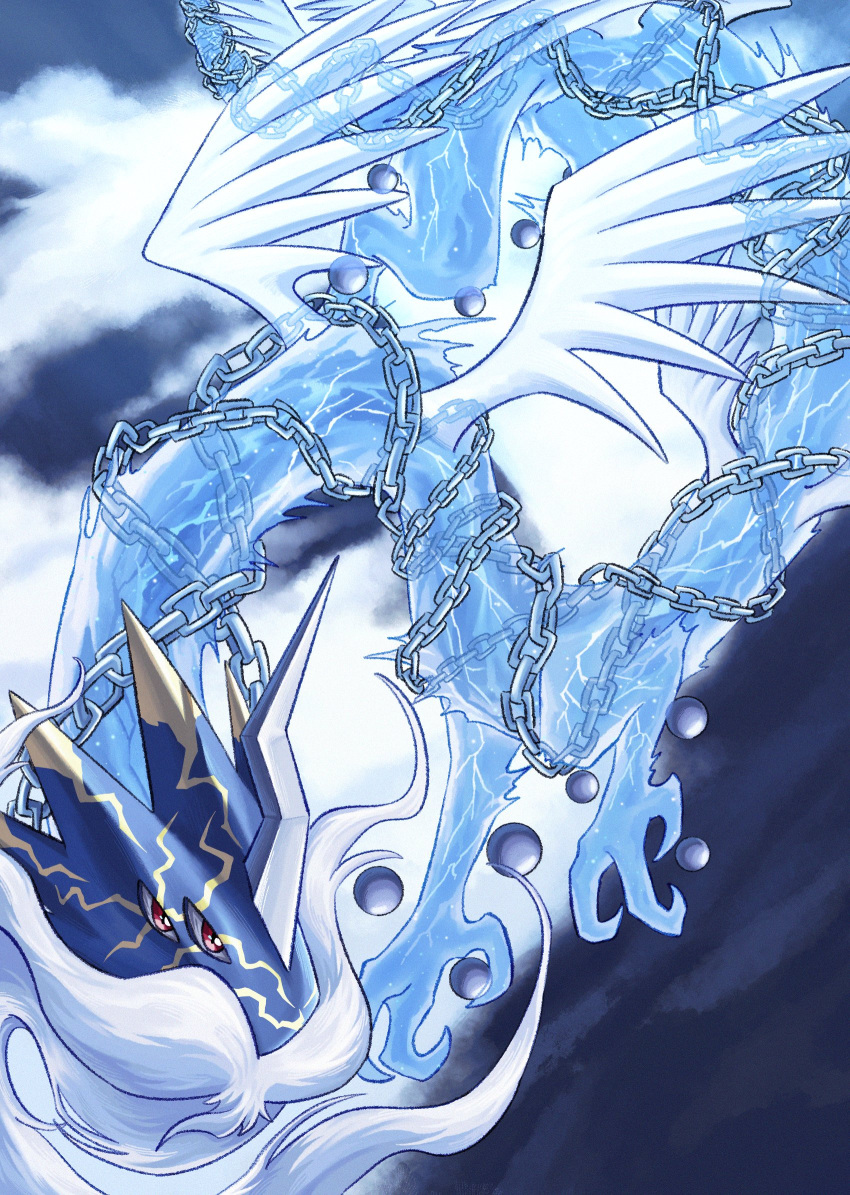 chain, commentary_request, digimon, digimon_(creature), dragon, eastern_dragon, extra_ears, feathered_wings, highres, horns, nature, no_humans, outdoors, qinglongmon, red_eyes, single_horn, solo, sunset, white_wings, willd_01, wings
