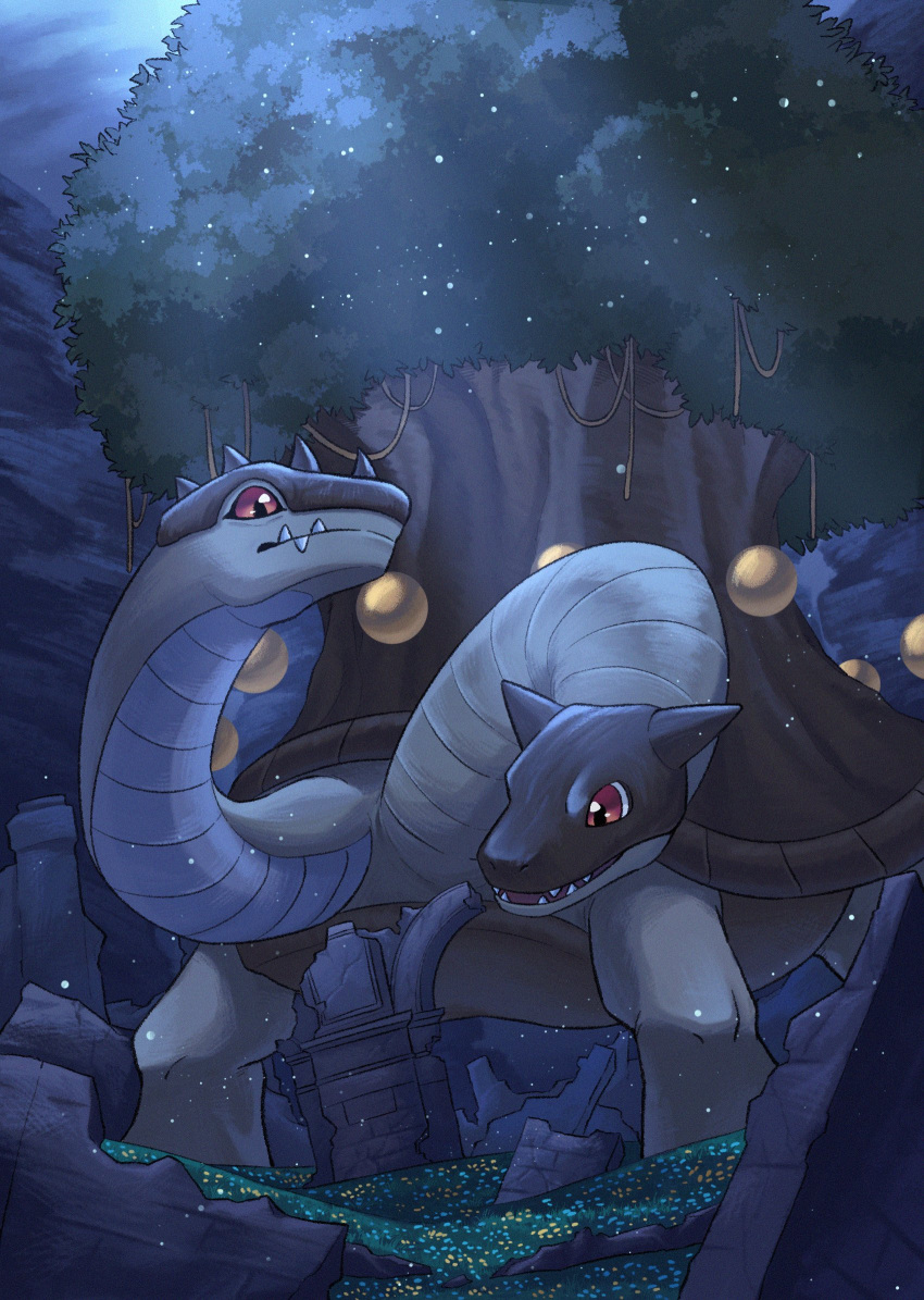 all_fours, commentary_request, digimon, digimon_(creature), grass, highres, moonlight, multiple_heads