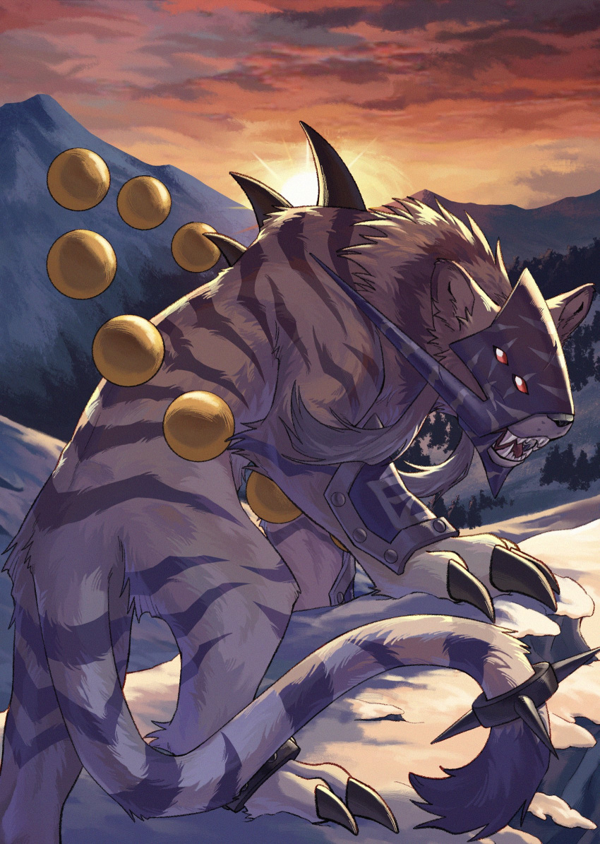 all_fours, baihumon, body_fur, commentary_request, digimon, digimon_(creature), extra_eyes, fangs