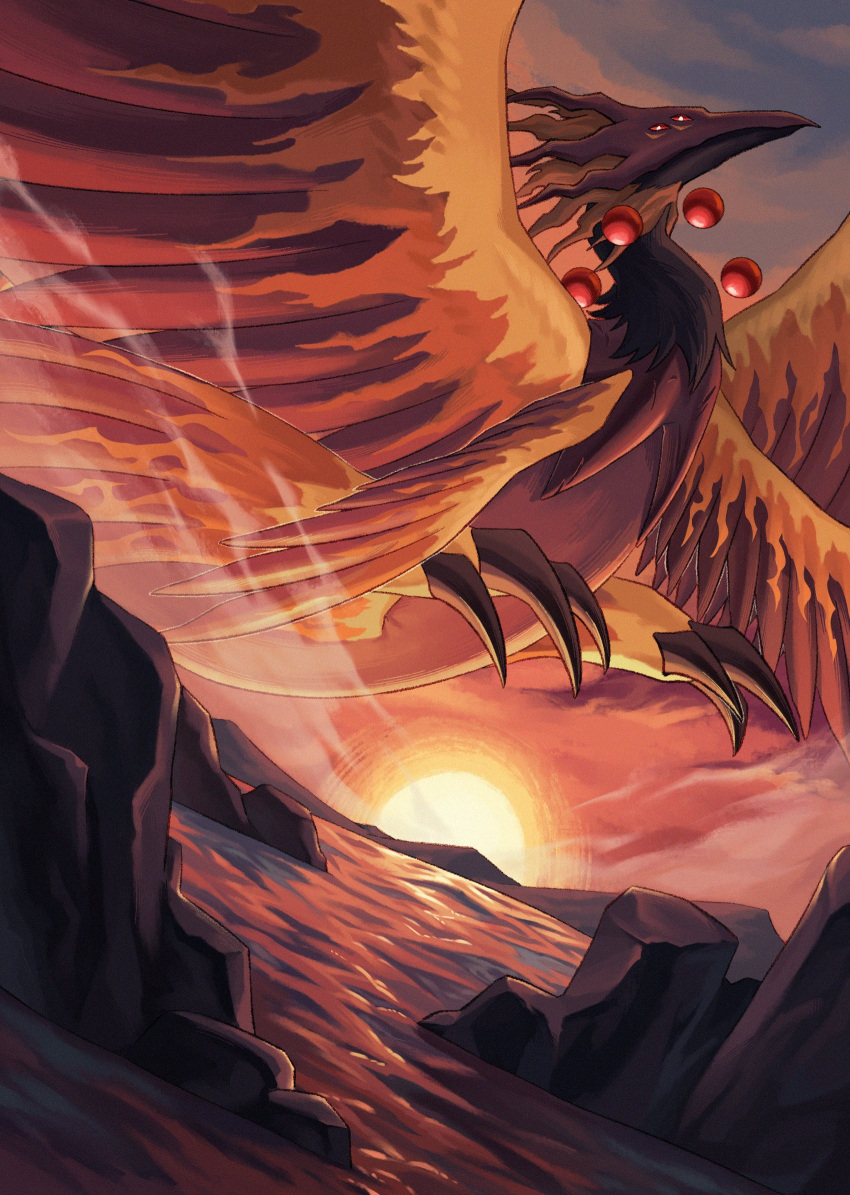 beak, bird, commentary_request, digimon, digimon_(creature), extra_eyes, fiery_wings, highres