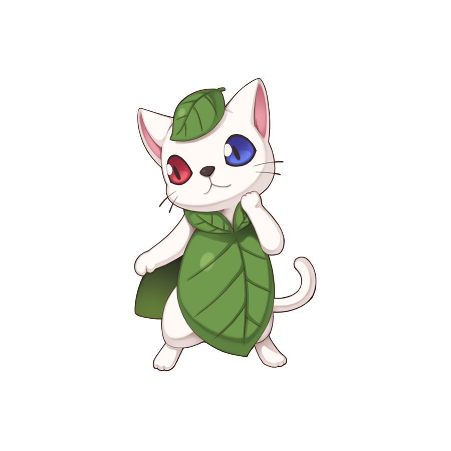 :3, animal_focus, blue_eyes, cat, chibi, chibi_only, closed_mouth, full_body, heterochromia, leaf, leaf_cat, leaf_on_head, no_humans, official_art, on_hind_legs, ragnarok_online, red_eyes, simple_background, smile, solo, transparent_background, whiskers, white_cat, yuichirou