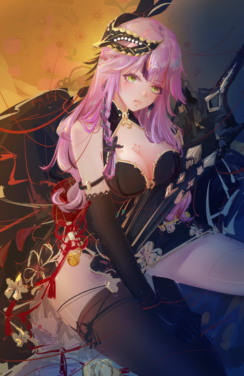 1girl, absurdres, bare_shoulders, black_dress, black_gloves, breasts, dress, gloves