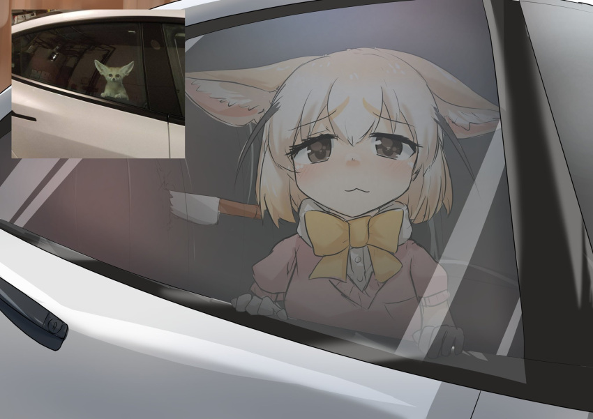 1girl, animal_ears, blonde_hair, blush, bow, bowtie, brown_eyes, car