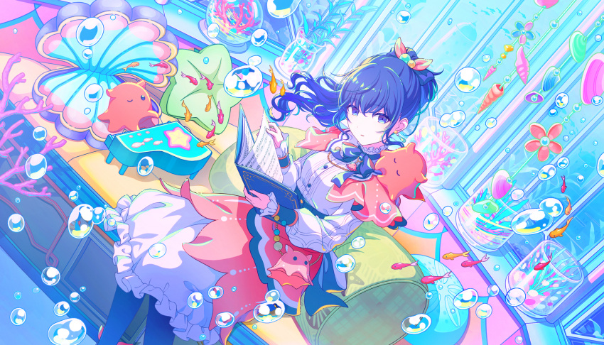 1girl, air_bubble, aqua_theme, asahina_mafuyu, blue_eyes, blue_hair, book, bubble