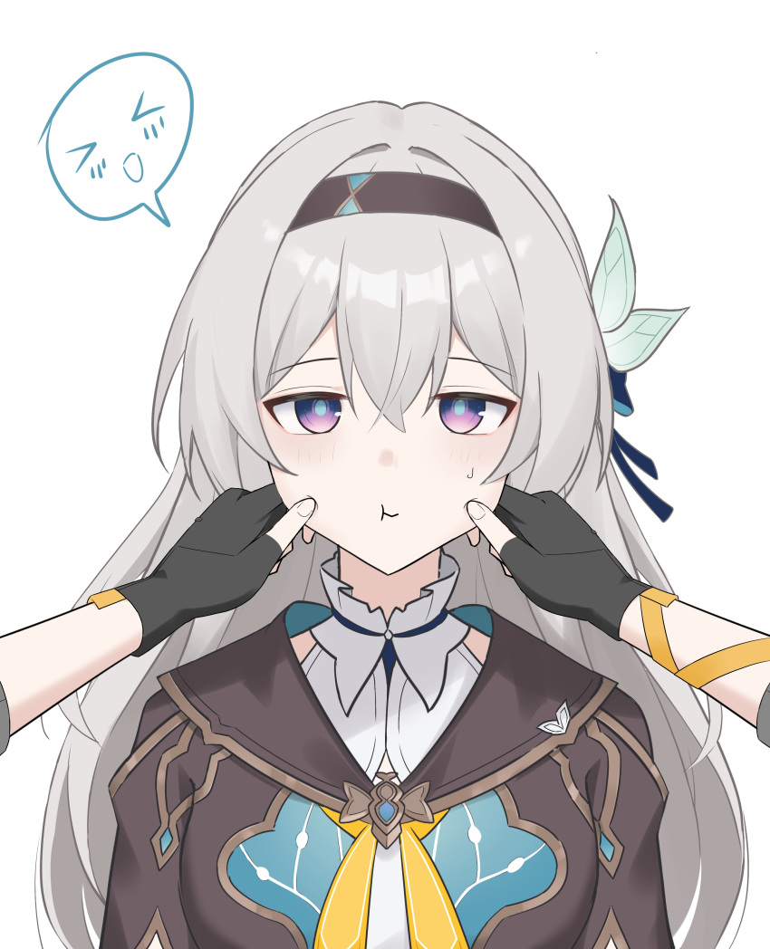 1boy, 1girl, :t, absurdres, black_gloves, black_hairband, black_jacket, caelus_(honkai:_star_rail)