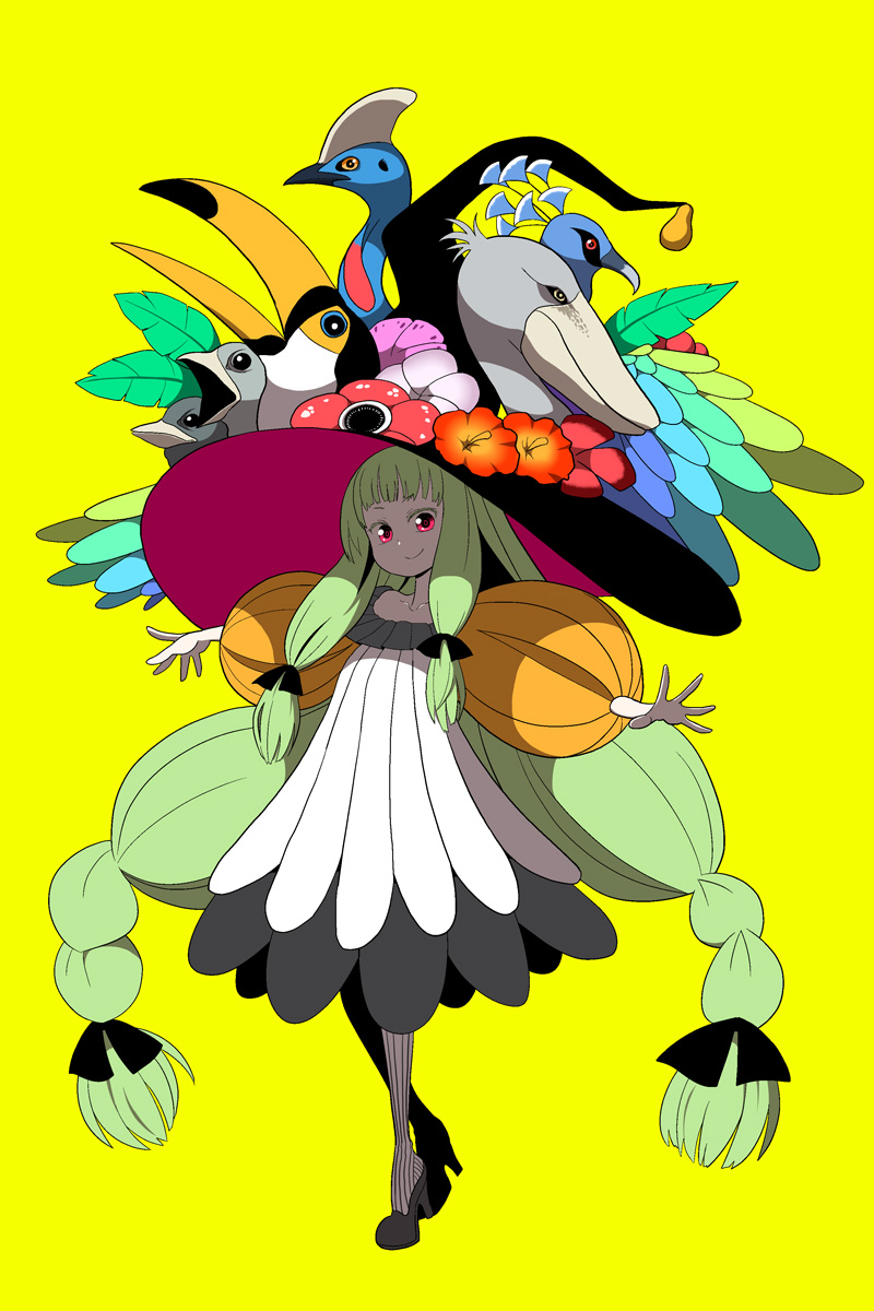 1girl, animal, animal_on_head, bird, bird_on_head, black_hat, braid, cassowary, commentary_request, dress, duplicate, flower, green_hair, hair_ribbon, hat, hat_flower, hibiscus, high_heels, highres, ken_(koala), long_hair, on_head, original, outstretched_arms, pantyhose, peacock, photoshop_(medium), puffy_sleeves, rafflesia_(flower), red_eyes, ribbon, shoebill, sidelocks, simple_background, smile, southern_cassowary, toucan, twin_braids, very_long_hair, wattle, witch_hat, yellow_background
