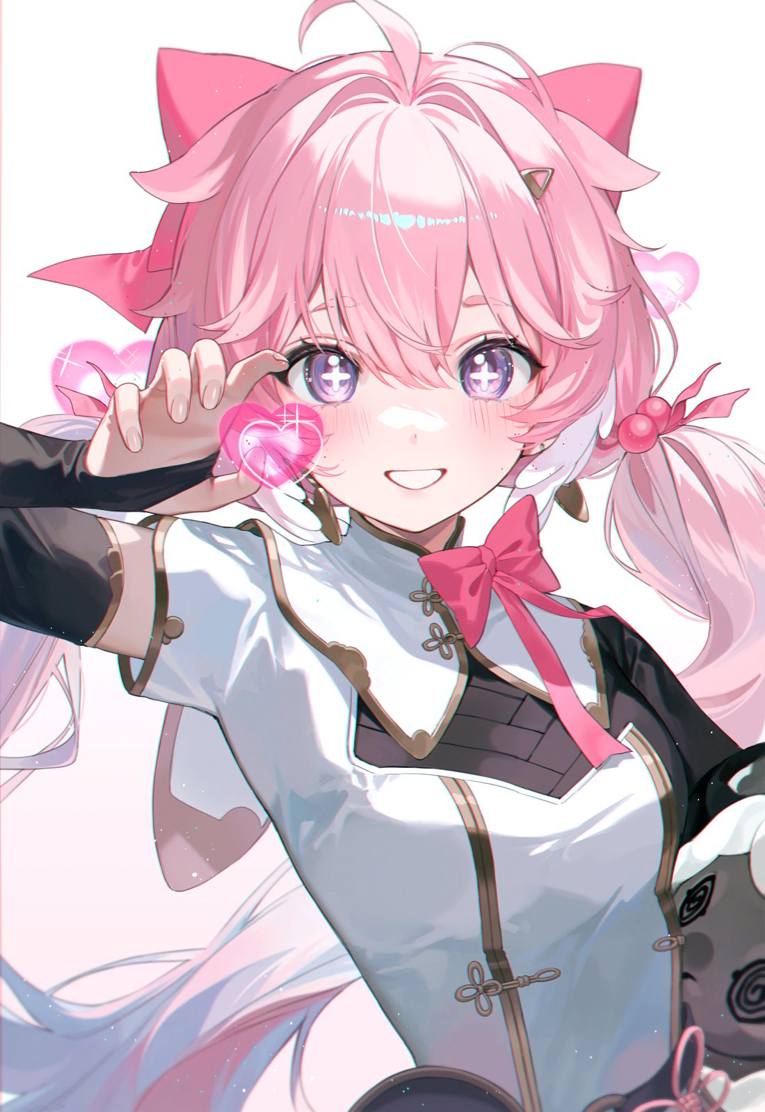 1girl, @_@, ahoge, blush, bow, chinese_clothes, commentary, cross-shaped_pupils