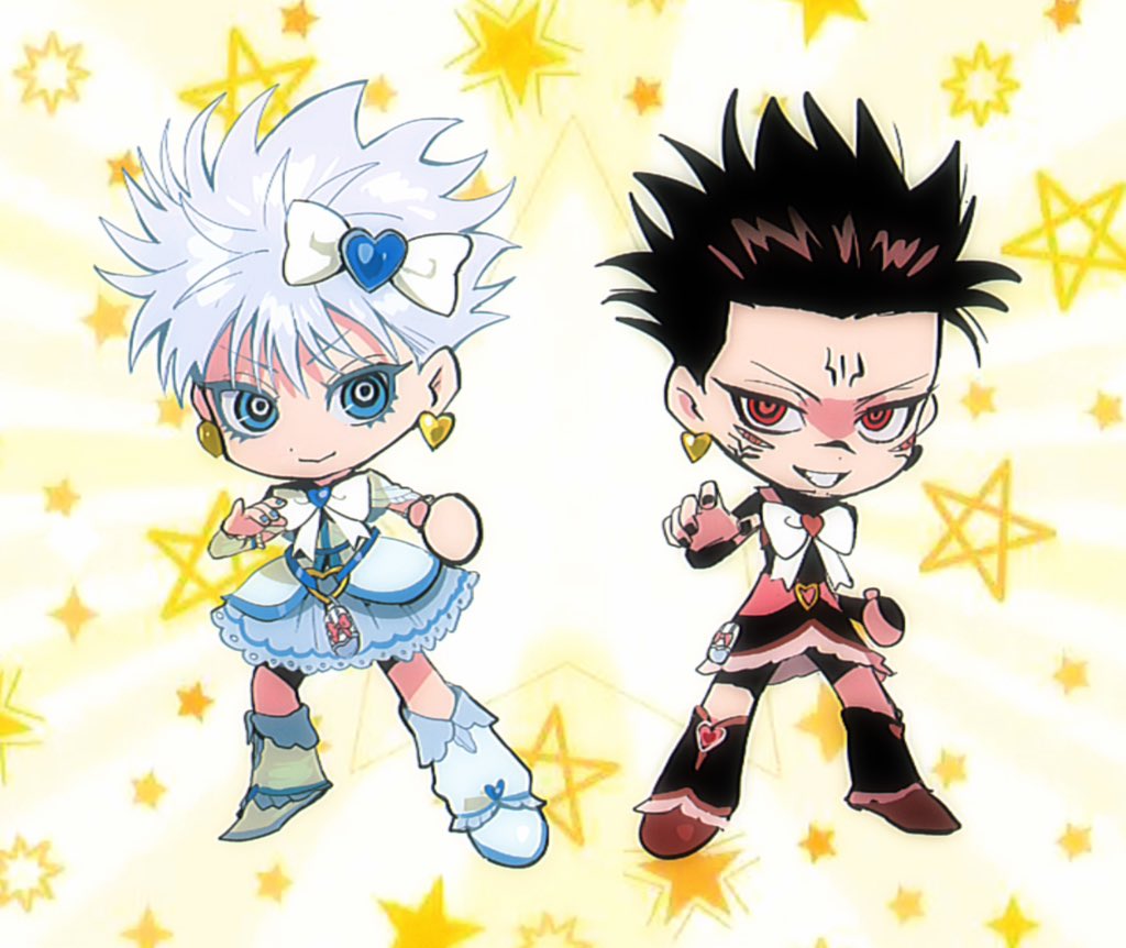 2boys, androgynous, black_dress, black_hair, black_nails, blue_dress, blue_eyes, blue_nails, bow, capelet, chibi, colored_eyelashes, cosplay, crossdressing, cure_black, cure_black_(cosplay), cure_white, cure_white_(cosplay), dress, earrings, extra_eyes, facial_tattoo, fallsoki, fingernails, futari_wa_precure, gojou_satoru, grin, hair_bow, heart, heart_earrings, jewelry, jujutsu_kaisen, long_eyelashes, looking_at_viewer, male_focus, multiple_boys, nail_polish, pentagram, precure, red_eyes, ringed_eyes, ryoumen_sukuna_(jujutsu_kaisen), short_hair, smile, spiky_hair, star_(symbol), starry_background, tattoo, white_bow, white_hair