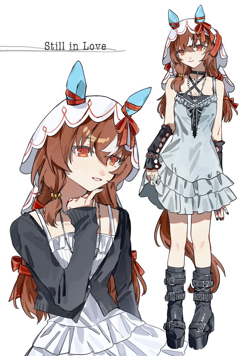 1girl, alternate_costume, animal_ears, blush, boots, breasts, brown_hair, character_name