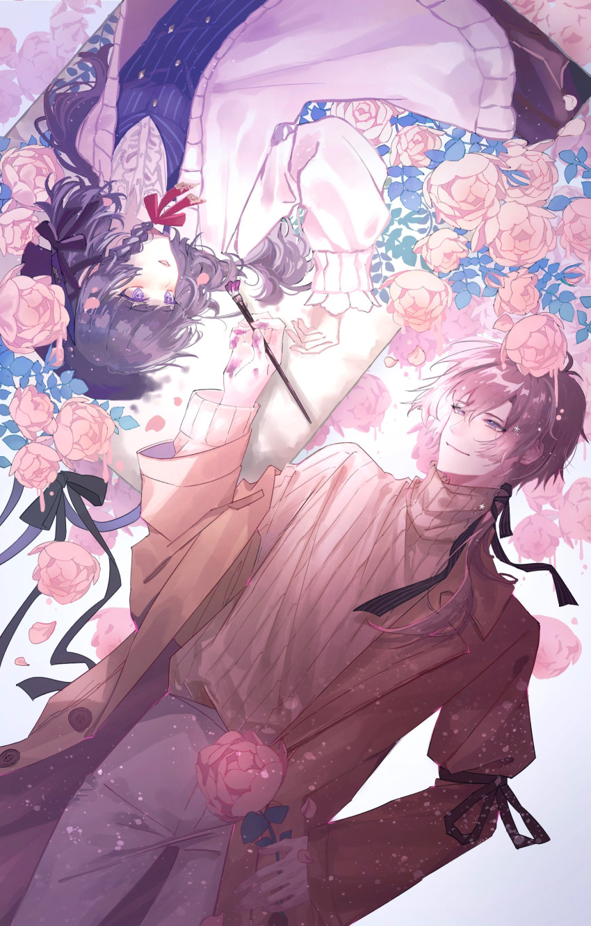 1boy, 1girl, absurdres, beret, black_hair, black_hat, black_ribbon, black_skirt, blue_vest, blunt_bangs, braid, brown_coat, brown_hair, cardigan, center_frills, closed_mouth, coat, collared_shirt, cowboy_shot, eye_contact, flower, frills, hair_between_eyes, hair_over_shoulder, hair_ribbon, hat, heroine_(lovebrush_chronicles), highres, holding, holding_flower, holding_paintbrush, lapels, leaf, light_particles, long_hair, long_sleeves, looking_at_another, looking_to_the_side, lovebrush_chronicles, low_ponytail, mabataki_hikari, notched_lapels, o'connor_(lovebrush_chronicles), open_cardigan, open_clothes, open_coat, paint_on_fingers, paintbrush, pants, parted_lips, pink_flower, pink_rose, pinstripe_pattern, pinstripe_vest, red_ribbon, ribbed_sweater, ribbon, rose, rotational_symmetry, shirt, side_braid, sideways_glance, single_off_shoulder, skirt, sleeve_ribbon, sweater, tress_ribbon, turtleneck, turtleneck_sweater, vest, violet_eyes, white_background, white_cardigan, white_pants, white_shirt, yellow_sweater