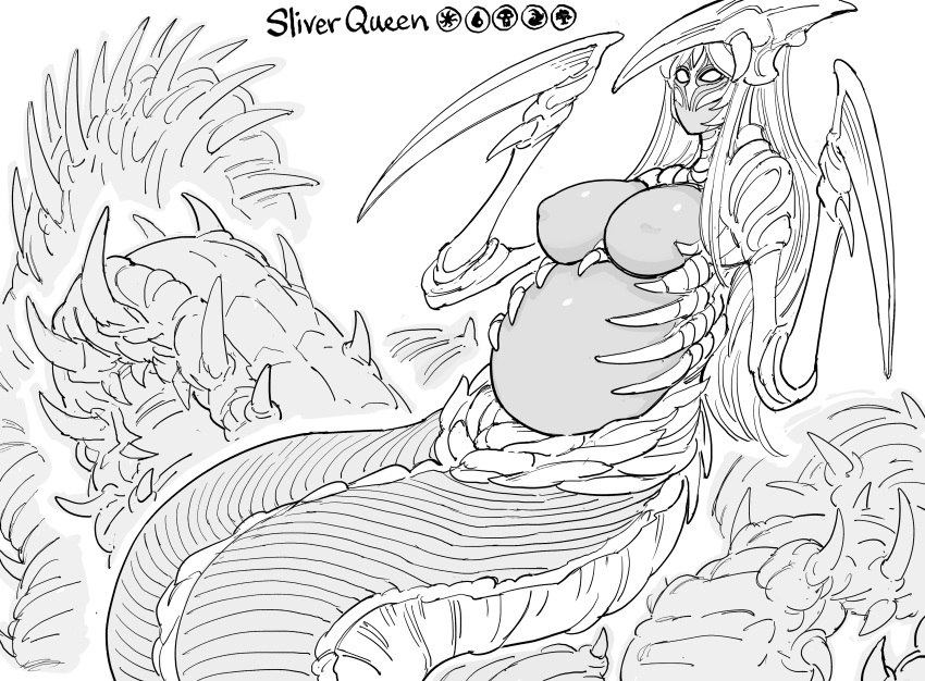 1girl, absurdres, arthropod_girl, bb_(baalbuddy), breasts, centipede_girl, character_name, claw_pose, claws, highres, large_breasts, long_tail, magic:_the_gathering, multiple_legs, pregnant, silver_queen, solo, tail, uterus, very_long_tail