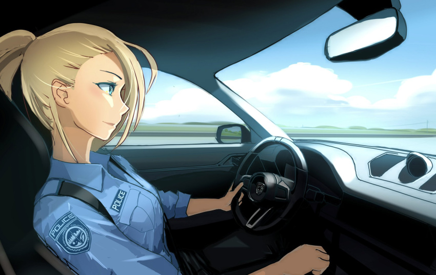1girl, 959_(8go8), blue_eyes, breasts, clouds, collared_shirt, driving, from_side, hair_behind_ear, hair_over_one_eye, highres, need_for_speed, need_for_speed:_hot_pursuit_(2010), original, police, police_uniform, policewoman, porsche, shirt, sky, small_breasts, smile, solo, uniform, vehicle_interior, white_shirt