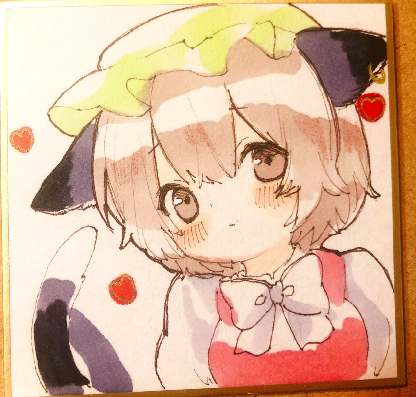 1girl, animal_ear_piercing, animal_ears, blush, bow, bowtie, brown_eyes, brown_hair