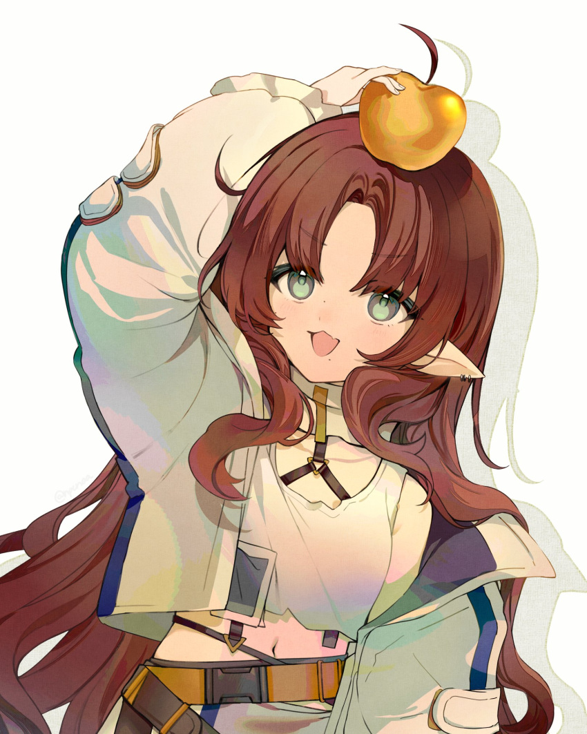 1girl, ahoge, apple, apple_on_head, arknights, belt, blush, brown_hair