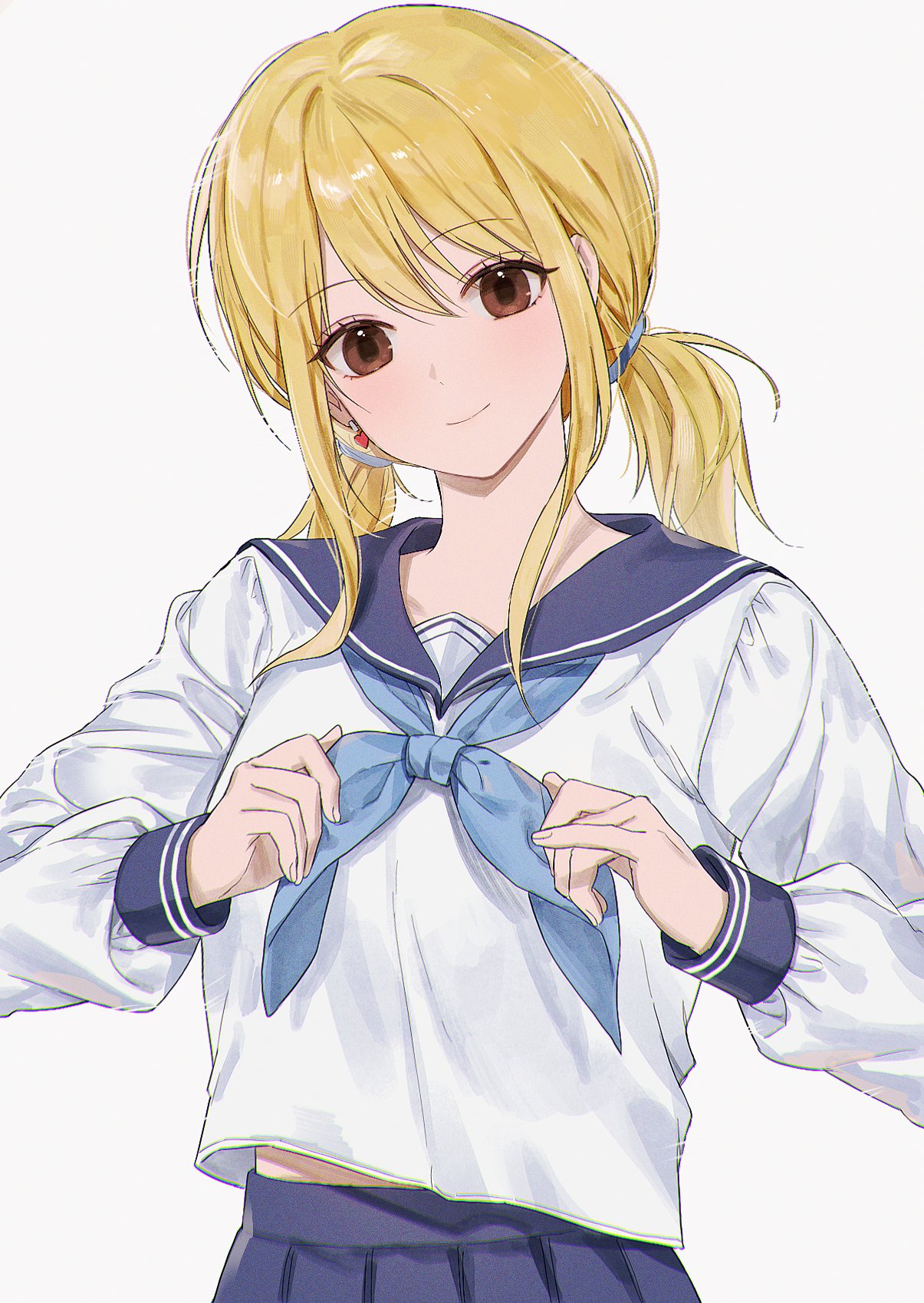 1girl, adjusting_neckerchief, alternate_costume, blonde_hair, blue_neckerchief, blue_sailor_collar, blue_skirt, blush