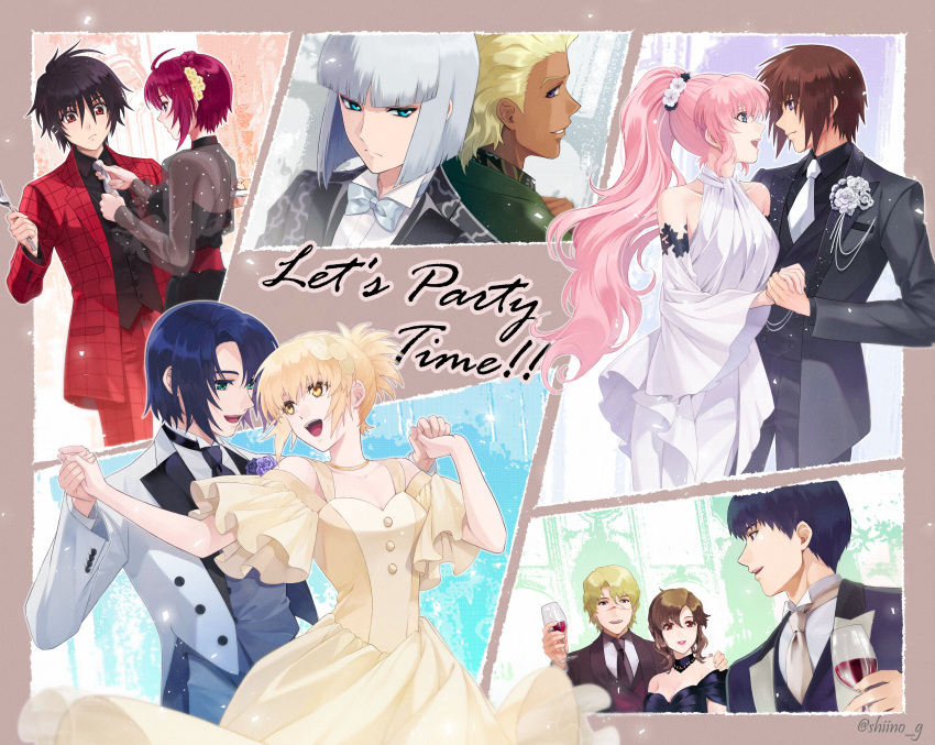 4girls, 6+boys, 7sino, absurdres, ahoge, arnold_neumann, athrun_zala, bare_shoulders, black_hair, black_suit, blonde_hair, blue_eyes, blue_hair, breasts, brown_eyes, brown_hair, cagalli_yula_athha, couple, dark-skinned_male, dark_skin, dearka_elsman, dress, flower, formal, green_eyes, gundam, gundam_seed, gundam_seed_freedom, hair_flower, hair_ornament, hetero, highres, holding_hands, kira_yamato, lacus_clyne, long_hair, long_sleeves, lunamaria_hawke, mu_la_flaga, multiple_boys, multiple_girls, murrue_ramius, necktie, open_mouth, pink_hair, ponytail, red_eyes, redhead, shinn_asuka, shirt, short_hair, smile, suit, very_long_hair, violet_eyes, white_flower, white_hair, yellow_eyes, yzak_joule
