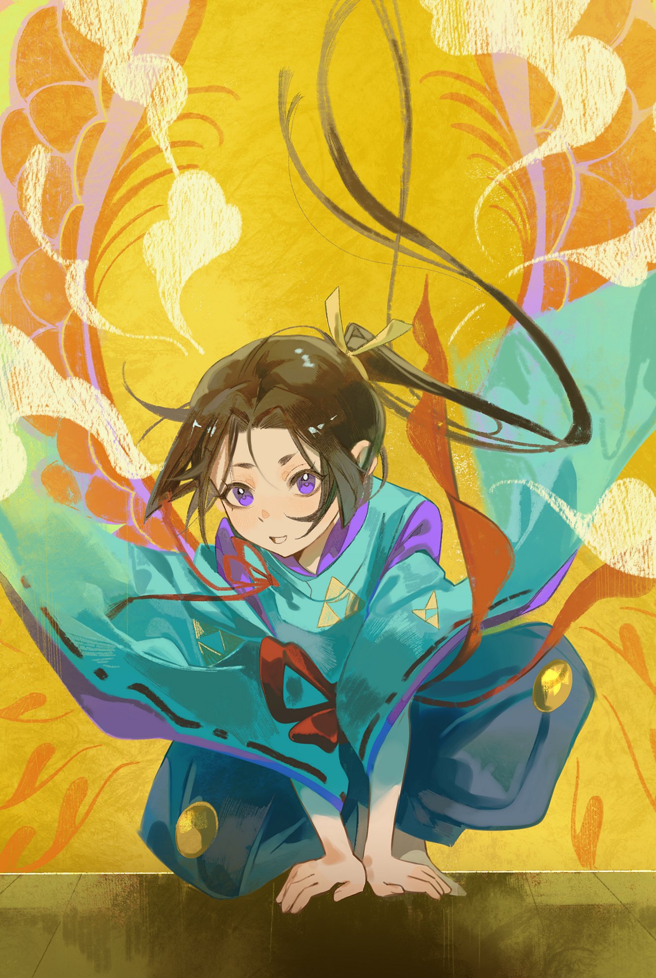 1boy, :d, black_hair, blue_hakama, bow, floating_clothes, floating_hair, hakama