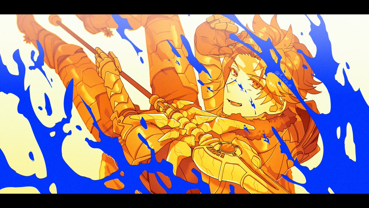 1boy, arm_up, armor, armored_gloves, blue_liquid, commentary_request, dutch_angle, f_ico_e