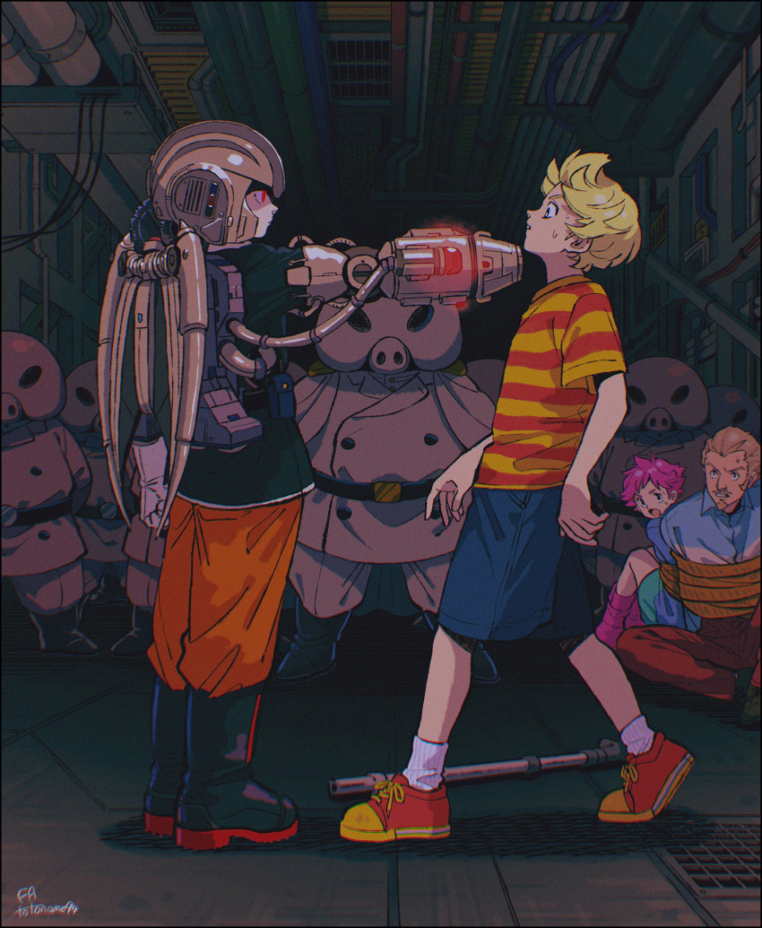 1girl, 3boys, absurdres, arm_cannon, artist_name, black_footwear, blonde_hair, blue_shorts
