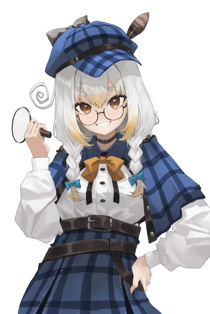 1girl, absurdres, art_mu, belt, black_belt, black_bow, black_choker, blue_bow, blue_capelet, blue_hat, blue_skirt, bow, bowtie, braid, brown_eyes, brown_hair, cabbie_hat, capelet, choker, commission, detective, grey_hair, grin, hair_bow, hand_on_own_hip, hand_up, hat, hat_bow, hat_feather, high-waist_skirt, highres, holding, holding_magnifying_glass, kanna_yanagi, long_hair, long_sleeves, looking_at_viewer, magnifying_glass, multicolored_hair, pixellink, plaid_capelet, plaid_clothes, plaid_headwear, plaid_skirt, puffy_long_sleeves, puffy_sleeves, shirt, simple_background, skeb_commission, skirt, smile, solo, twin_braids, two-tone_hair, upper_body, virtual_youtuber, white_background, white_shirt, yellow_bow, yellow_bowtie