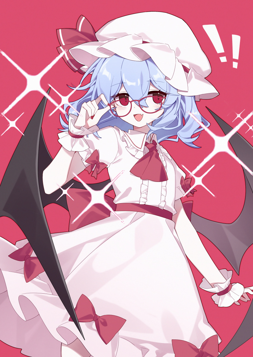 !, !!, 1girl, :d, absurdres, adjusting_eyewear, ascot, back_bow