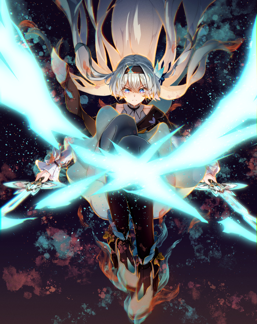 1girl, aqua_skirt, black_footwear, black_hairband, boots, closed_mouth, firefly_(honkai:_star_rail), green_thighhighs
