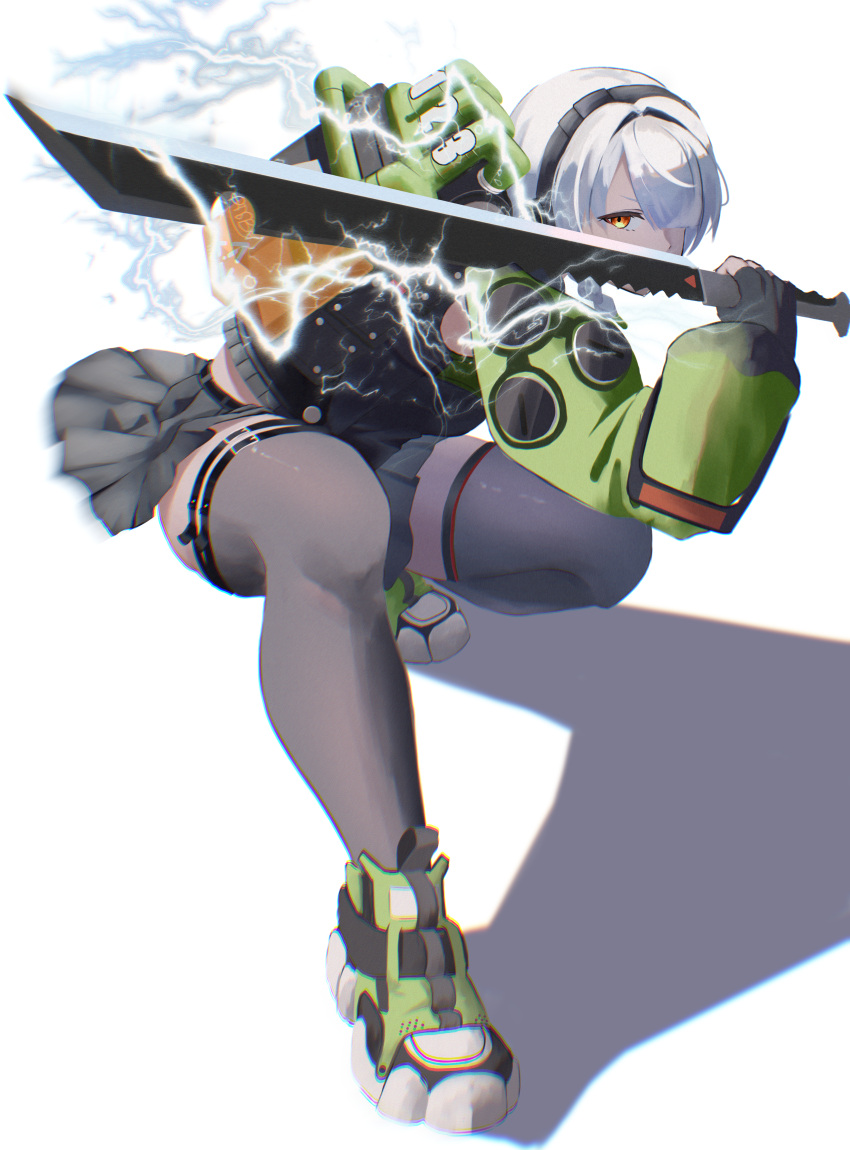 1girl, absurdres, anby_demara, bare_shoulders, belt, belted_skirt, black_belt, black_headphones