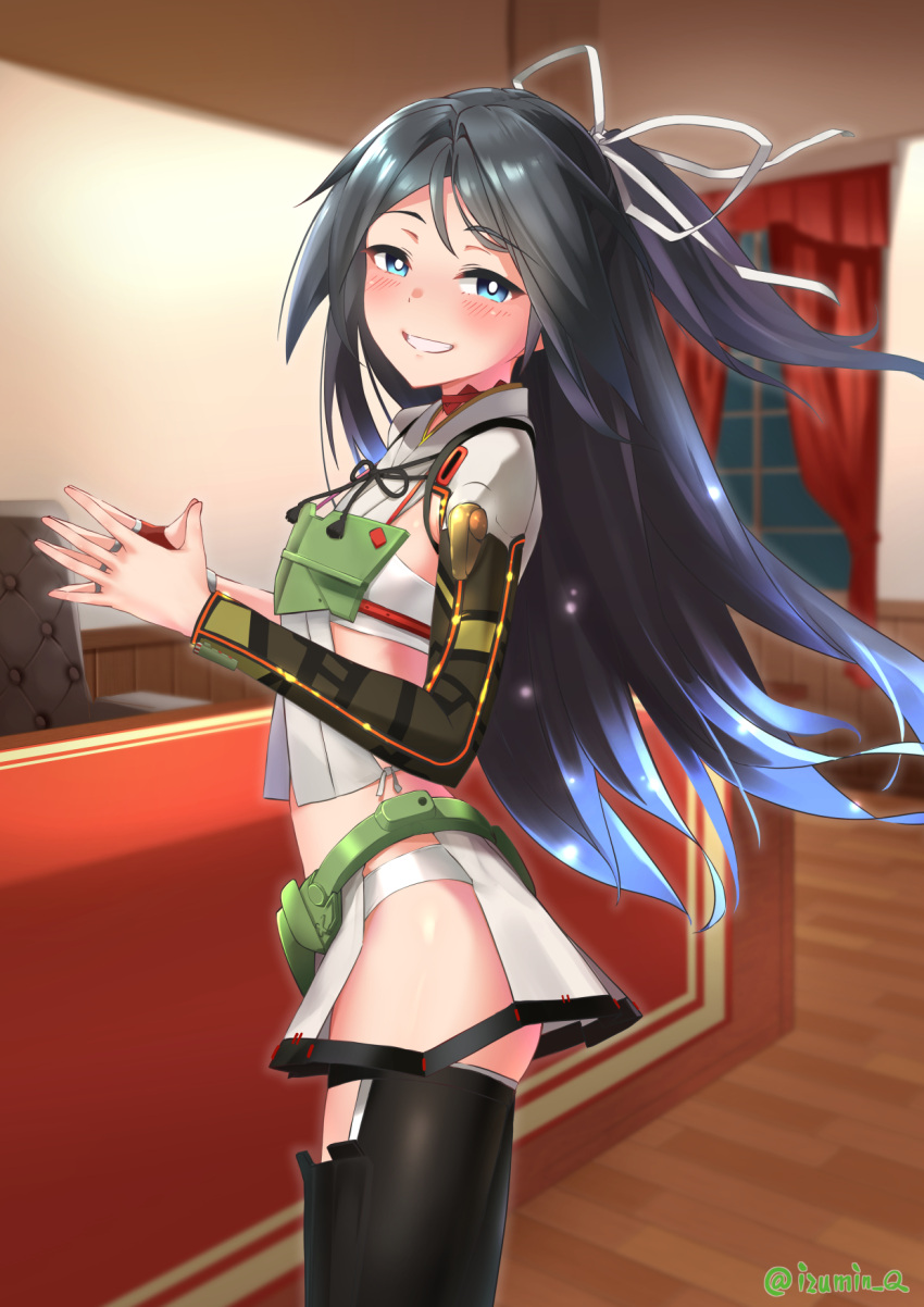 1girl, asymmetrical_gloves, asymmetrical_sleeves, black_hair, black_thighhighs, blue_eyes, breasts, crop_top, fingerless_gloves, gloves, hair_ribbon, highres, hip_vent, indoors, izumikuma, kantai_collection, katsuragi_(kancolle), katsuragi_kai_(kancolle), long_hair, looking_at_viewer, miniskirt, muneate, pleated_skirt, ponytail, red_gloves, ribbon, single_glove, skirt, small_breasts, solo, standing, thigh-highs, uneven_gloves, white_ribbon, wide_ponytail