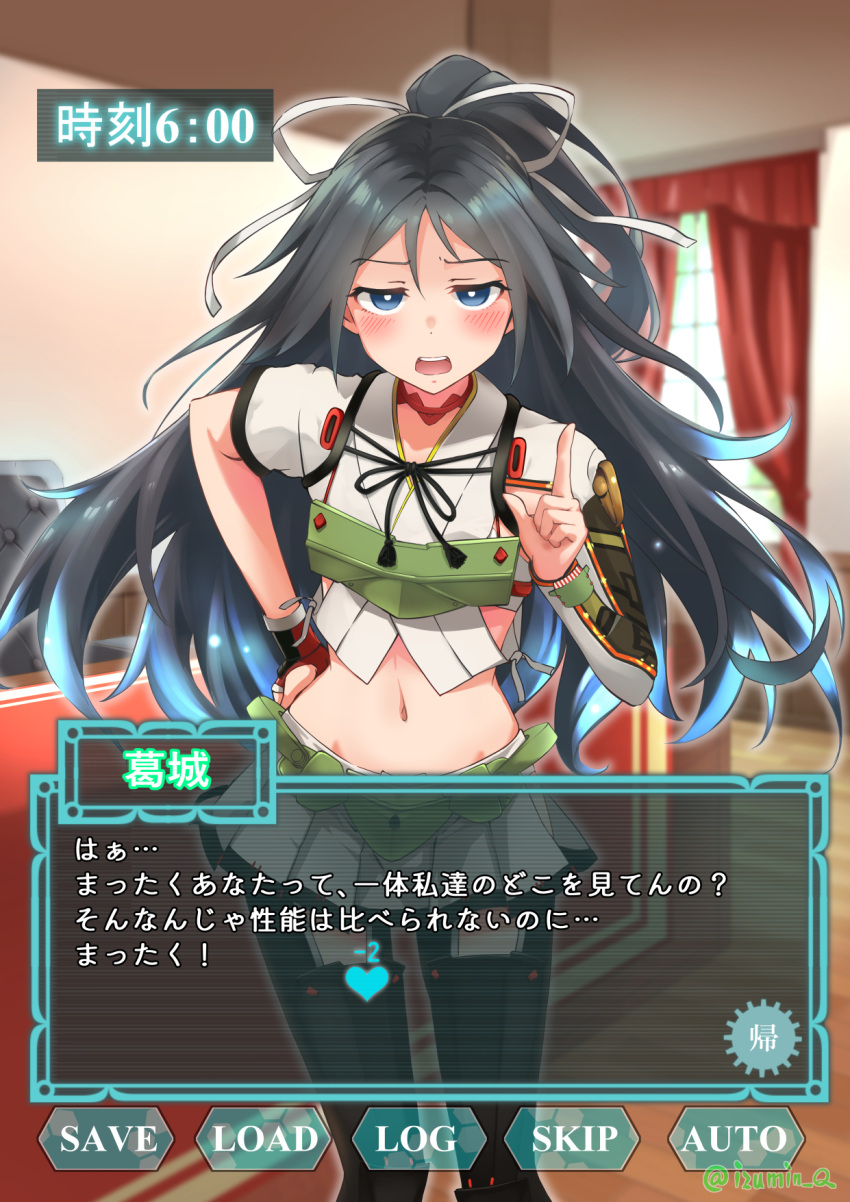 1girl, asymmetrical_gloves, asymmetrical_sleeves, black_hair, black_thighhighs, blue_eyes, breasts, crop_top